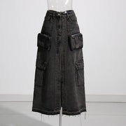 Cargo-Pocket Split-Front Long Skirt