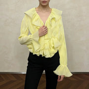 Ruffled V-Neck Cropped Blouse