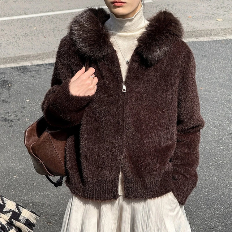Fuzzy-Collar Zip-Up Jacket