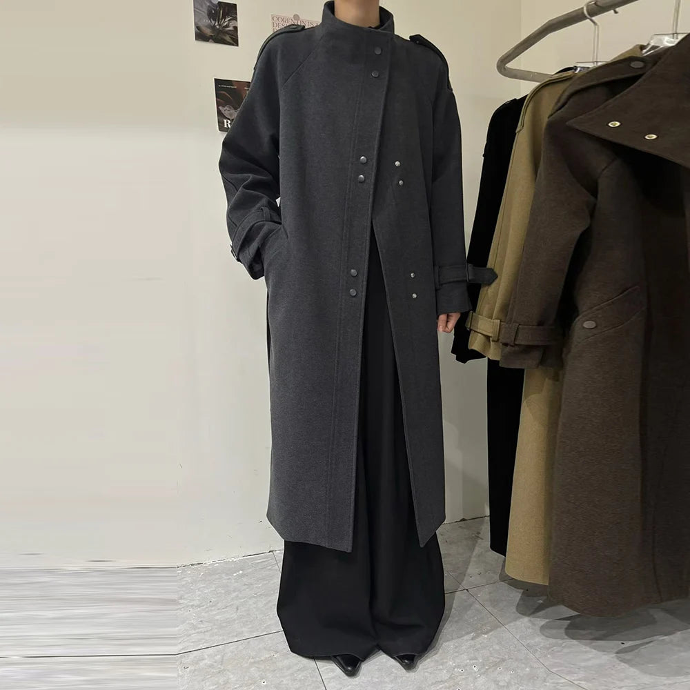 Stand-Collar Longline Button Coat