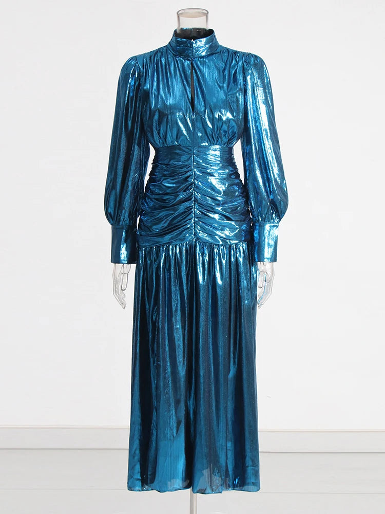 Ruched-Waist Long-Sleeve Long Dress