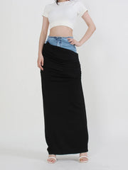 Contrast-Waist Ruched Long Skirt