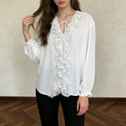 Lace-Trim Tie-Neck Blouse