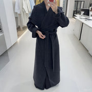 Draped-Collar Long Wrap Coat