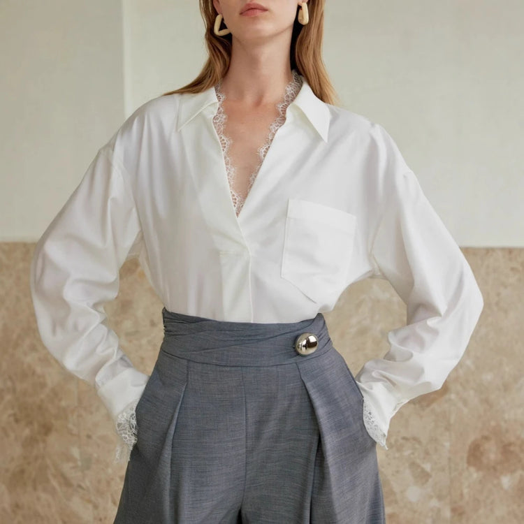 Lace-Trim Collared White Shirt