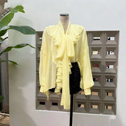 Ruffle-Front Bow-Neck Blouse