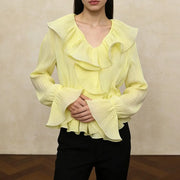 Ruffled V-Neck Cropped Blouse