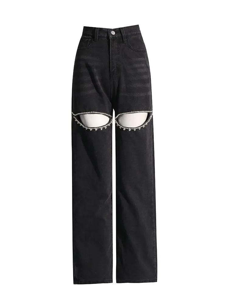 Embellished Cutout Wide-Leg Jeans