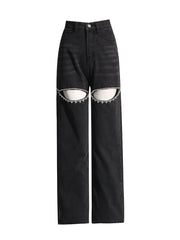 Embellished Cutout Wide-Leg Jeans