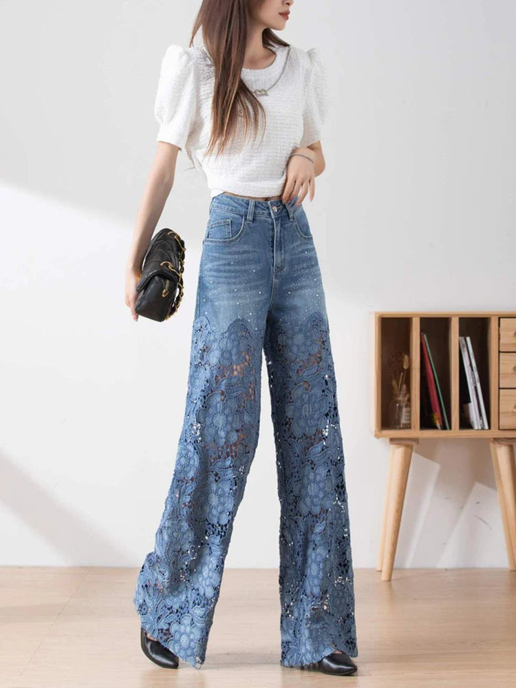 Lace-Panel Wide-Leg Jeans