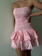 Smocked Strapless Ruffle Mini Dress