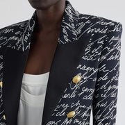 Script-Print Double-Breasted Blazer