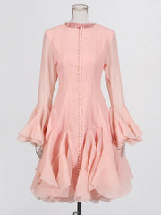 Ruffled Button-Front Long-Sleeve Dress