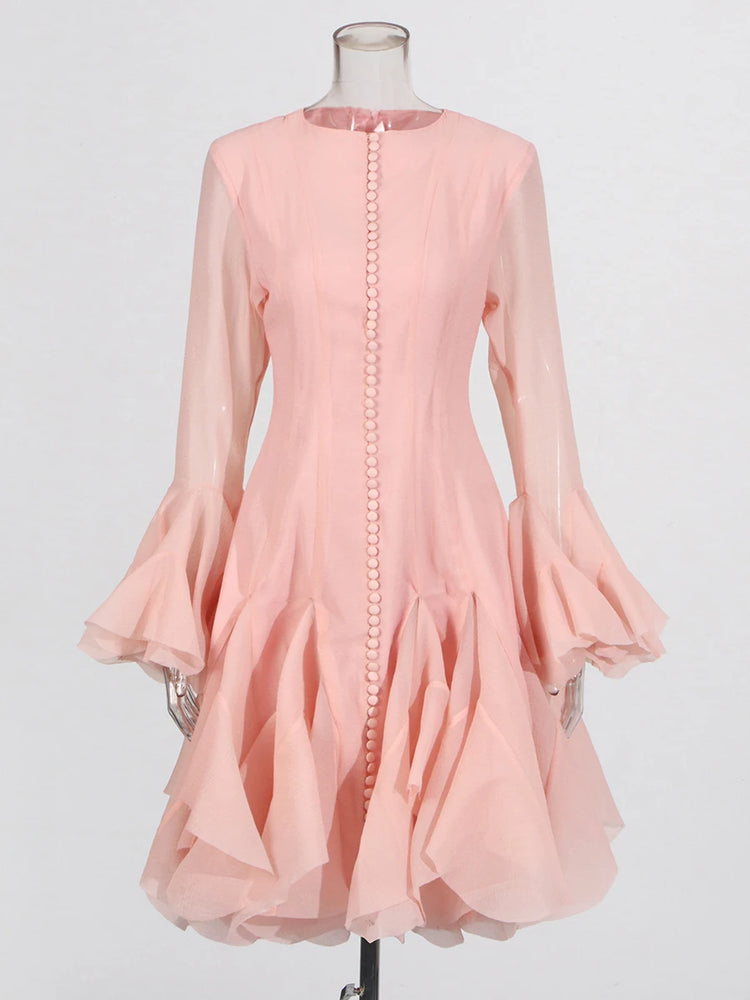 Ruffled Button-Front Long-Sleeve Dress