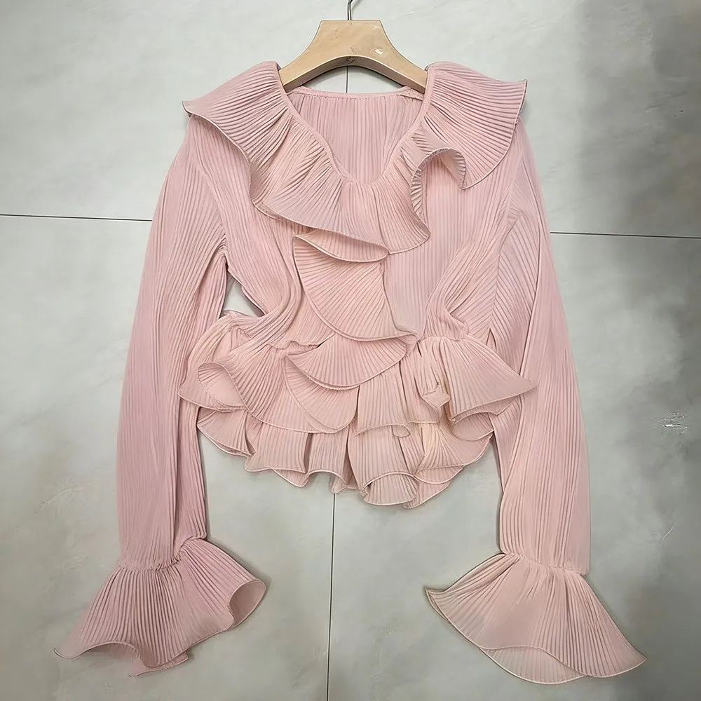 Ruffled V-Neck Cropped Blouse