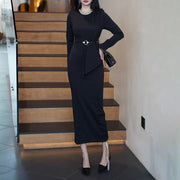 Draped Long-Sleeve Fitted Dress