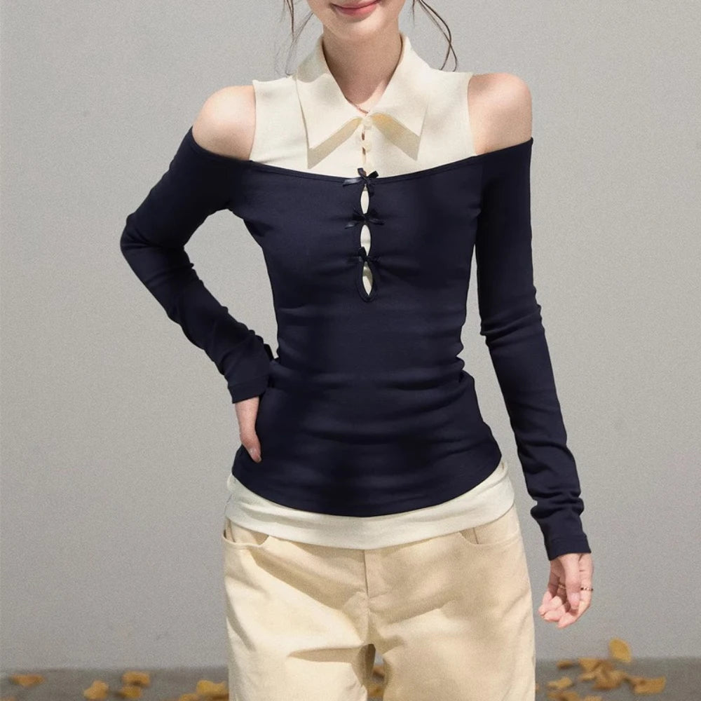 Contrast-Collar Cold-Shoulder Top
