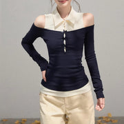 Contrast-Collar Cold-Shoulder Top