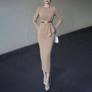 Draped Long-Sleeve Fitted Dress
