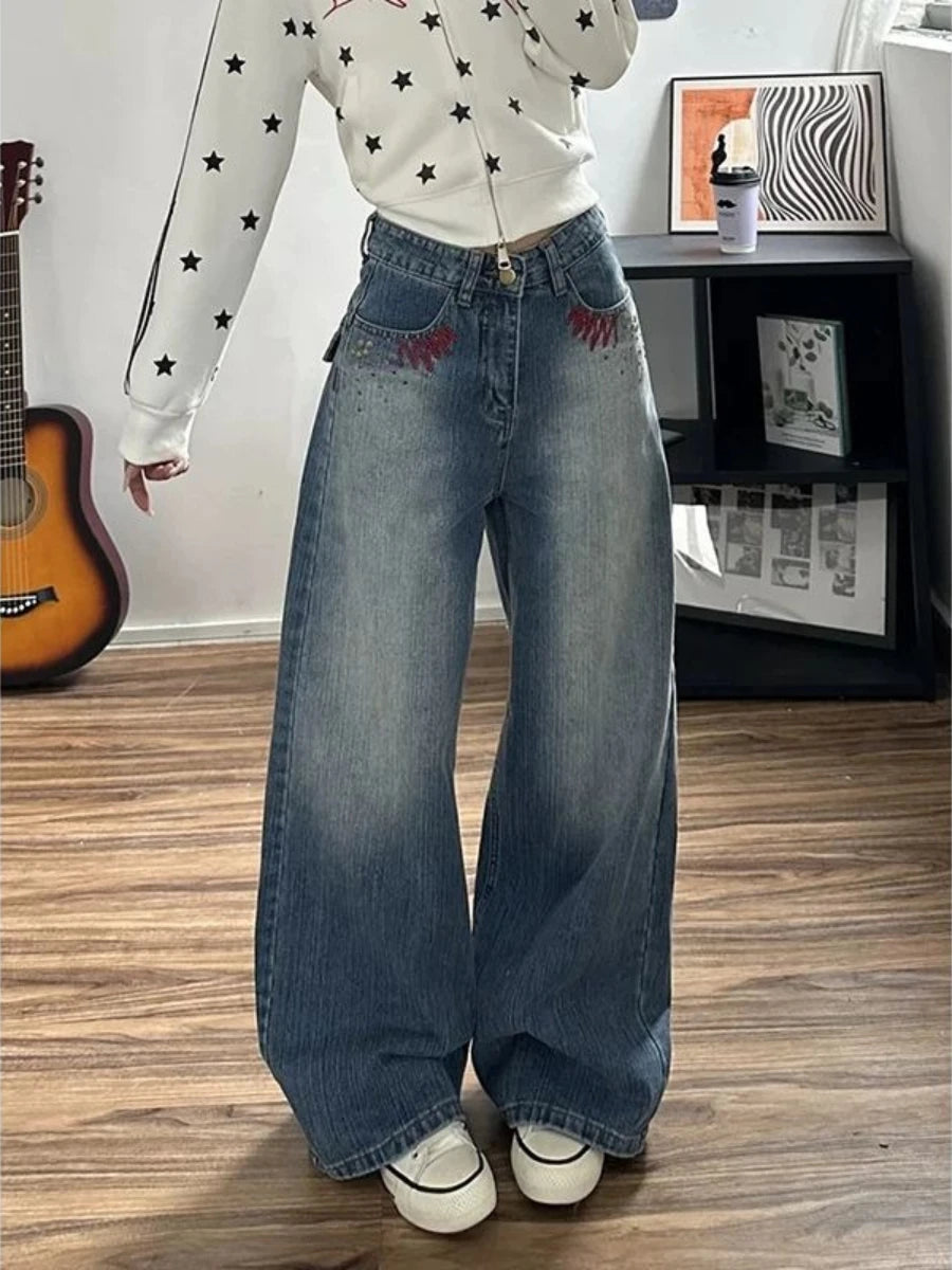 Embroidered-Pocket Wide-Leg Jeans