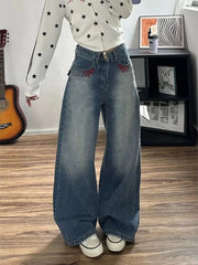 Embroidered-Pocket Wide-Leg Jeans