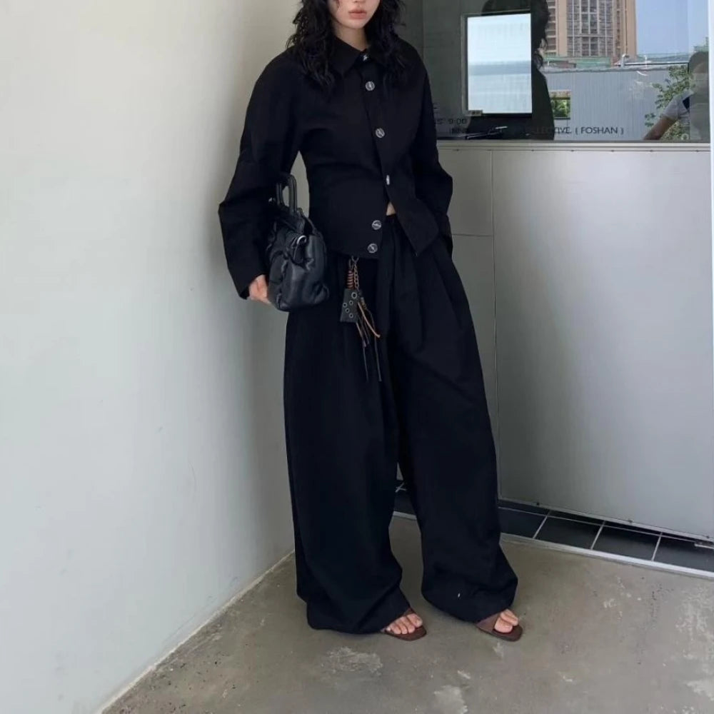 TWOTWINSTYLE Solid Spliced Button Two Piece Set Female V Neck Long Sleeve Jacket Loosr Streetwear Women's Pants Set Autumn New