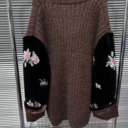 Floral-Sleeve Open-Front Cardigan