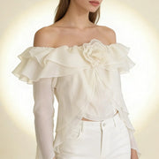 Rosette Off-Shoulder Ruffle Blouse