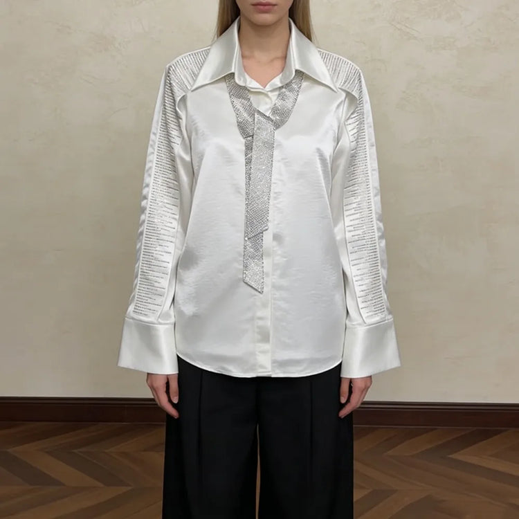 Pleated-Sleeve Glossy Button Shirt