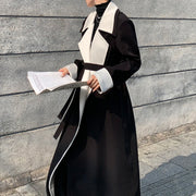 Contrast-Trim Long Trench Coat