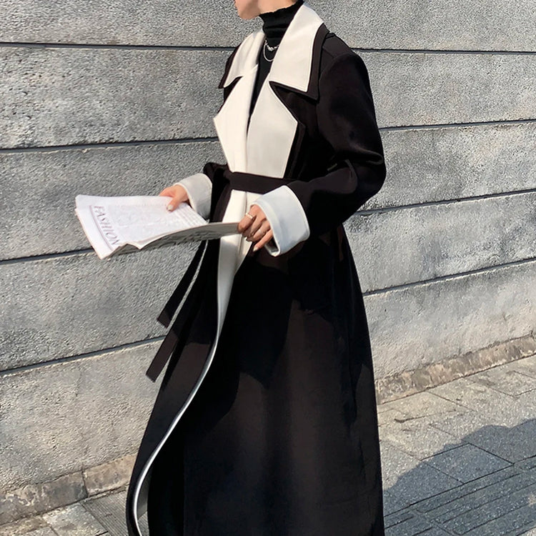 Contrast-Trim Long Trench Coat