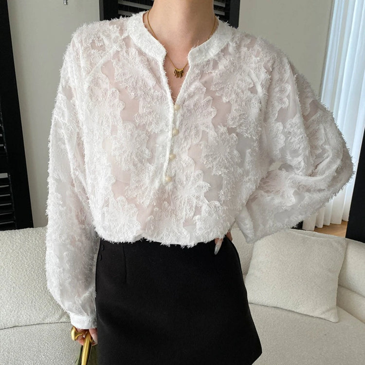 Textured Floral Long-Sleeve Blouse