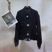 Lace-Panel Fitted Button Blouse