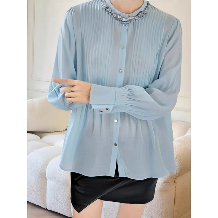 Pleated Embellished-Neck Blouse