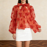 Floral Tie-Neck Sheer Blouse