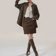 TWOTWINSTYLE Coffee Spliced Pocket Two Piece Set Female Lapel Long Sleeve Shirt Casual Women's Short Pants Set Fashion Style New