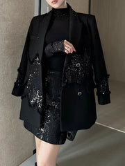 TWOTWINSTYLE Black Spliced Sequins Two Piece Set Female Lapel Long Sleeve Jacket Elegant Temperament Women's Skirt Set Fashion