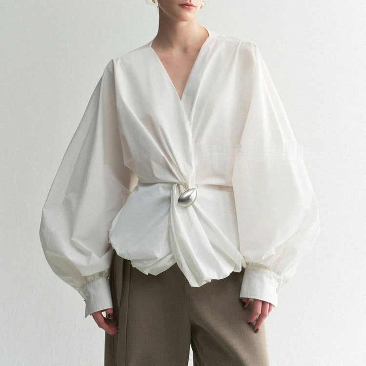 Draped Balloon-Sleeve Blouse