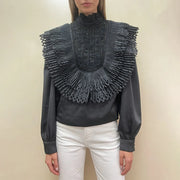 Pleated-Bib Long-Sleeve Blouse