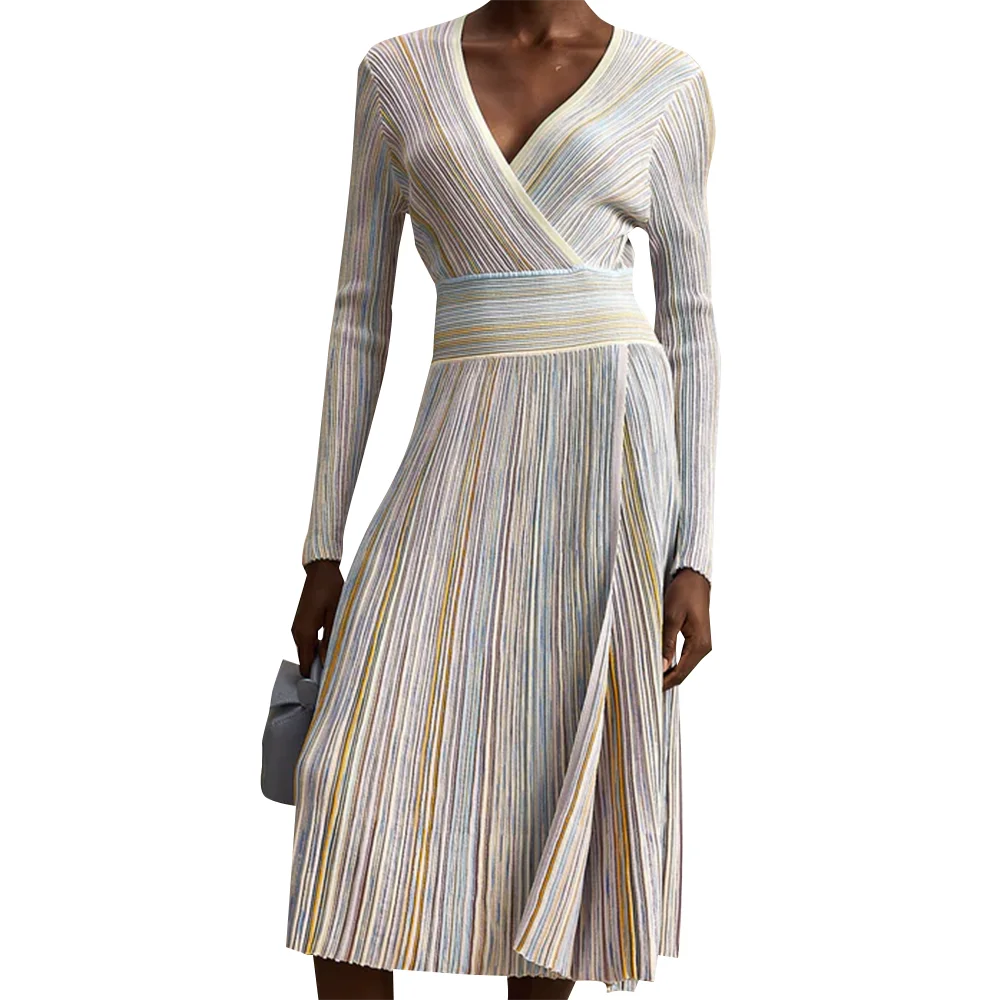 Striped V-Neck Long-Sleeve Dress