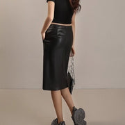 Glossy Split-Front Pencil Skirt