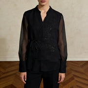 Sheer-Sleeve Floral Tie-Waist Blouse