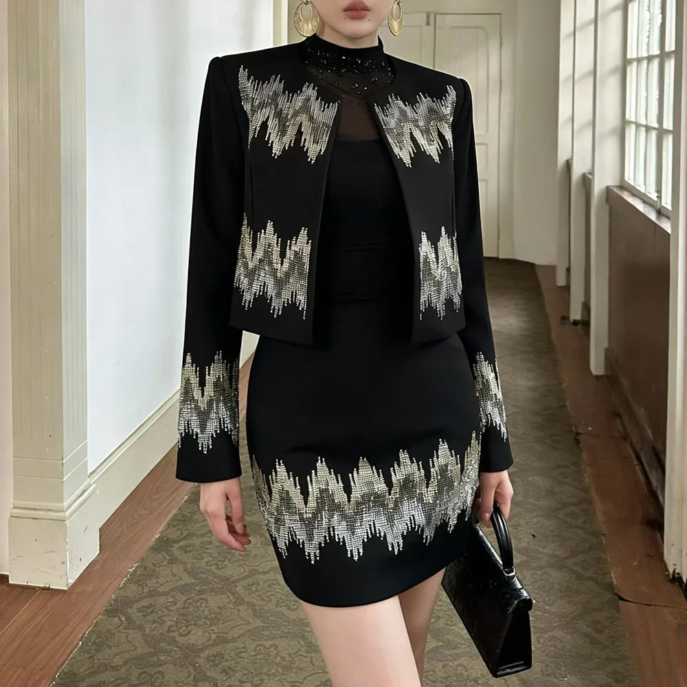 TWOTWINSTYLE Black Spliced Beads Two Piece Set Female O Neck Long Sleeve Jacket French Luxury Women's Short Skirt Set Autumn New