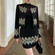 TWOTWINSTYLE Black Spliced Beads Two Piece Set Female O Neck Long Sleeve Jacket French Luxury Women's Short Skirt Set Autumn New
