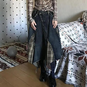 Plaid-Panel Asymmetric Skirt