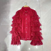 Tiered Ruffle-Sleeve Lace Shirt