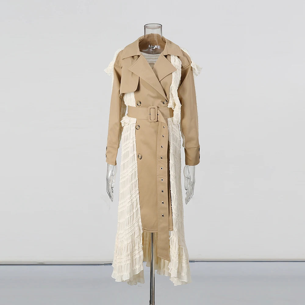 Pleated-Panel Long Trench Coat