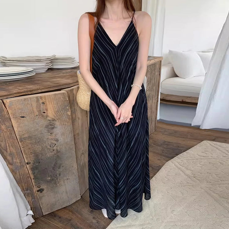 Striped V-Neck Long Dress