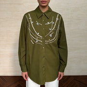 Beaded Drape-Detail Button Shirt