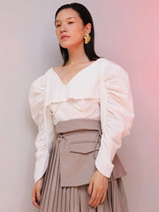 Ruched Puff-Sleeve V-Neck Blouse